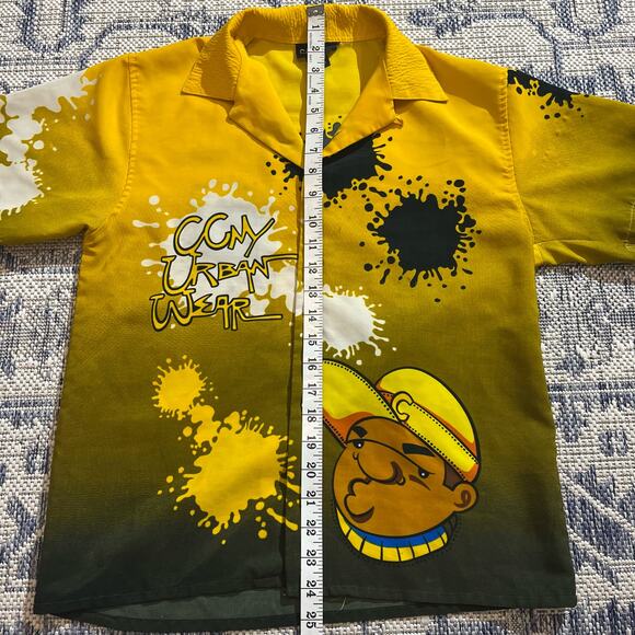 VTG Y2K Canopy CCNY Urban Wear Skater HipHop Yellow Graphic Button Up Shirt SZ S - Picture 5 of 5